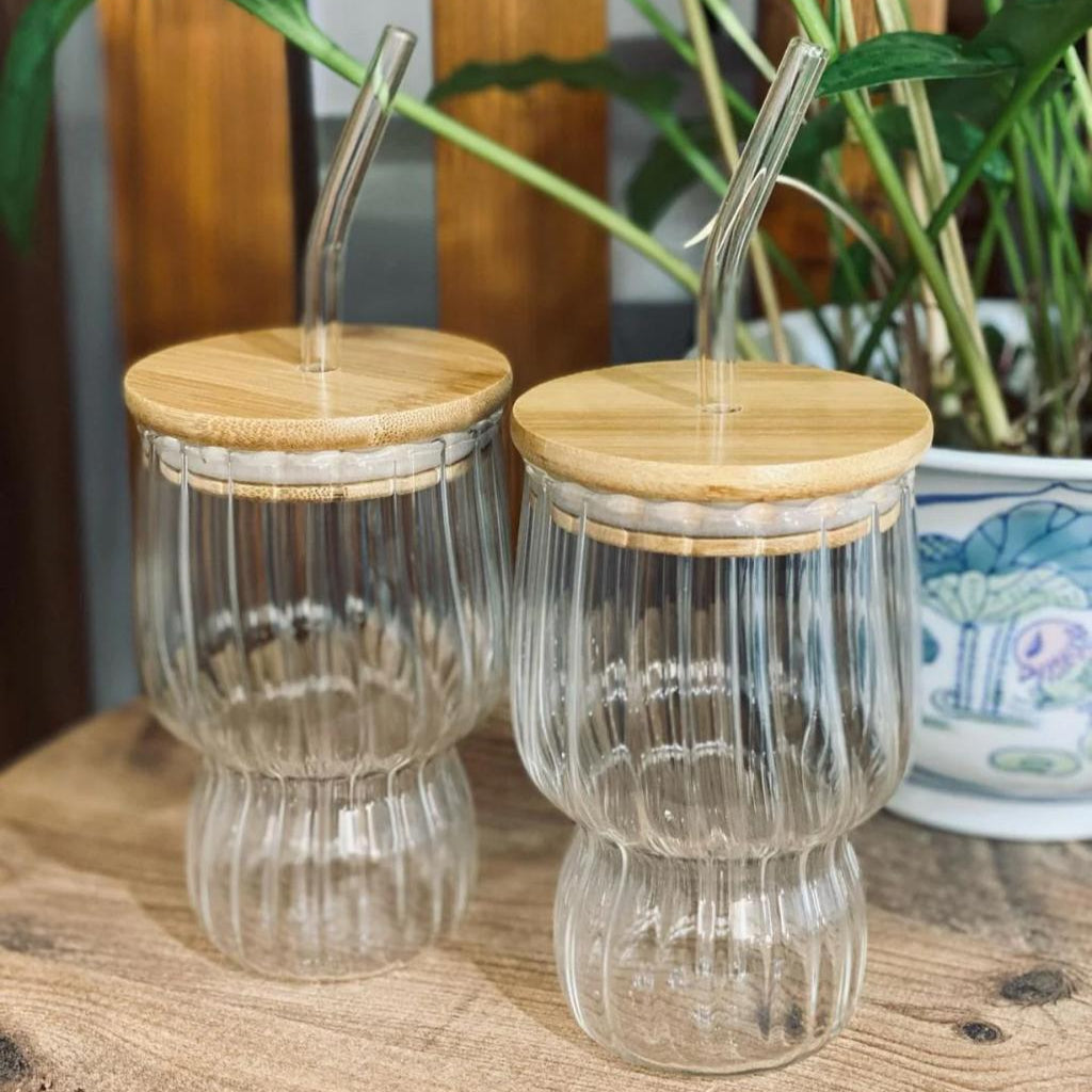 Amber Rib Glass Cup with Wooden Lid