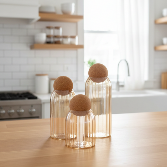 Ribbed Tinted Glass Storage Jars with Wooden Ball Lids