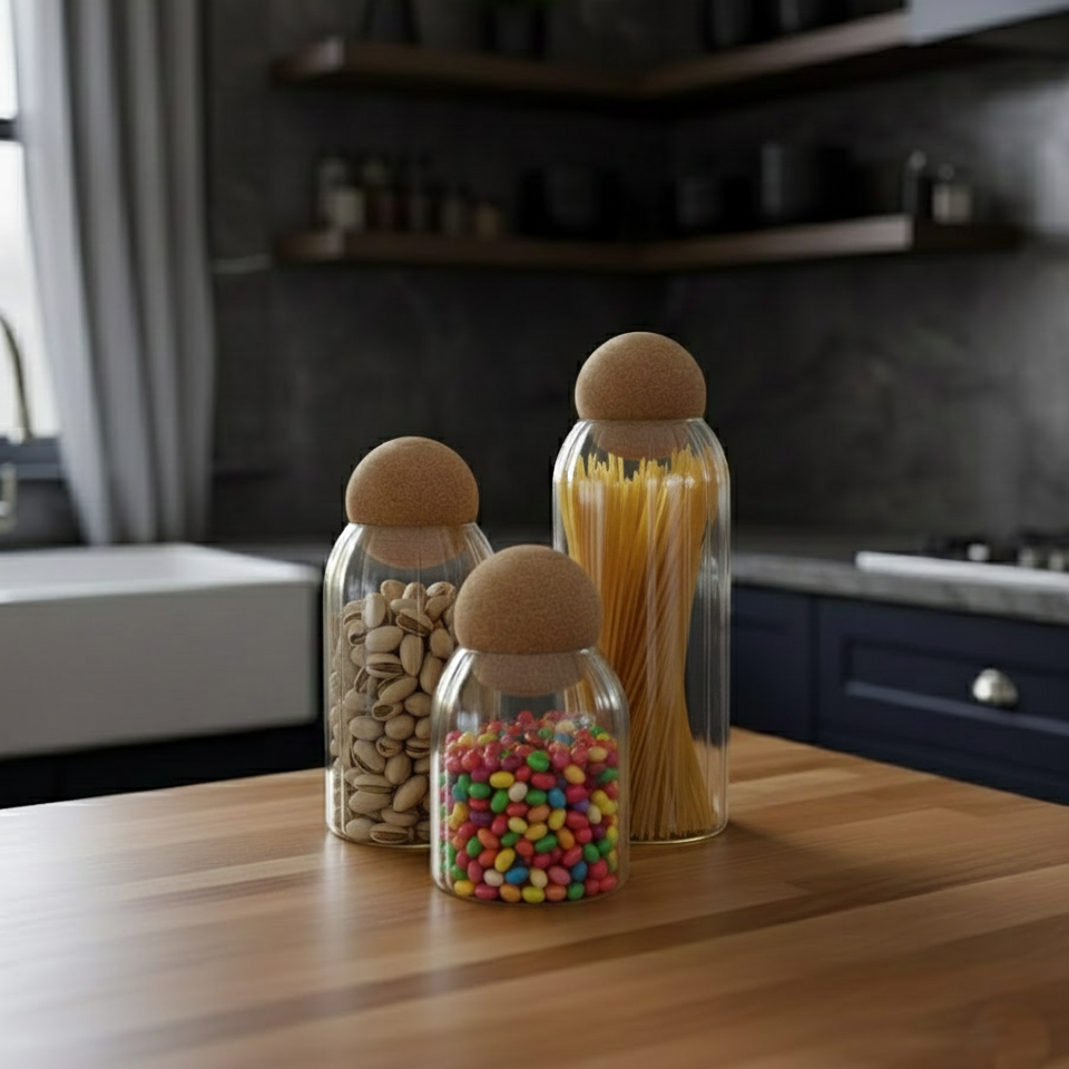 Ribbed Tinted Glass Storage Jars with Wooden Ball Lids