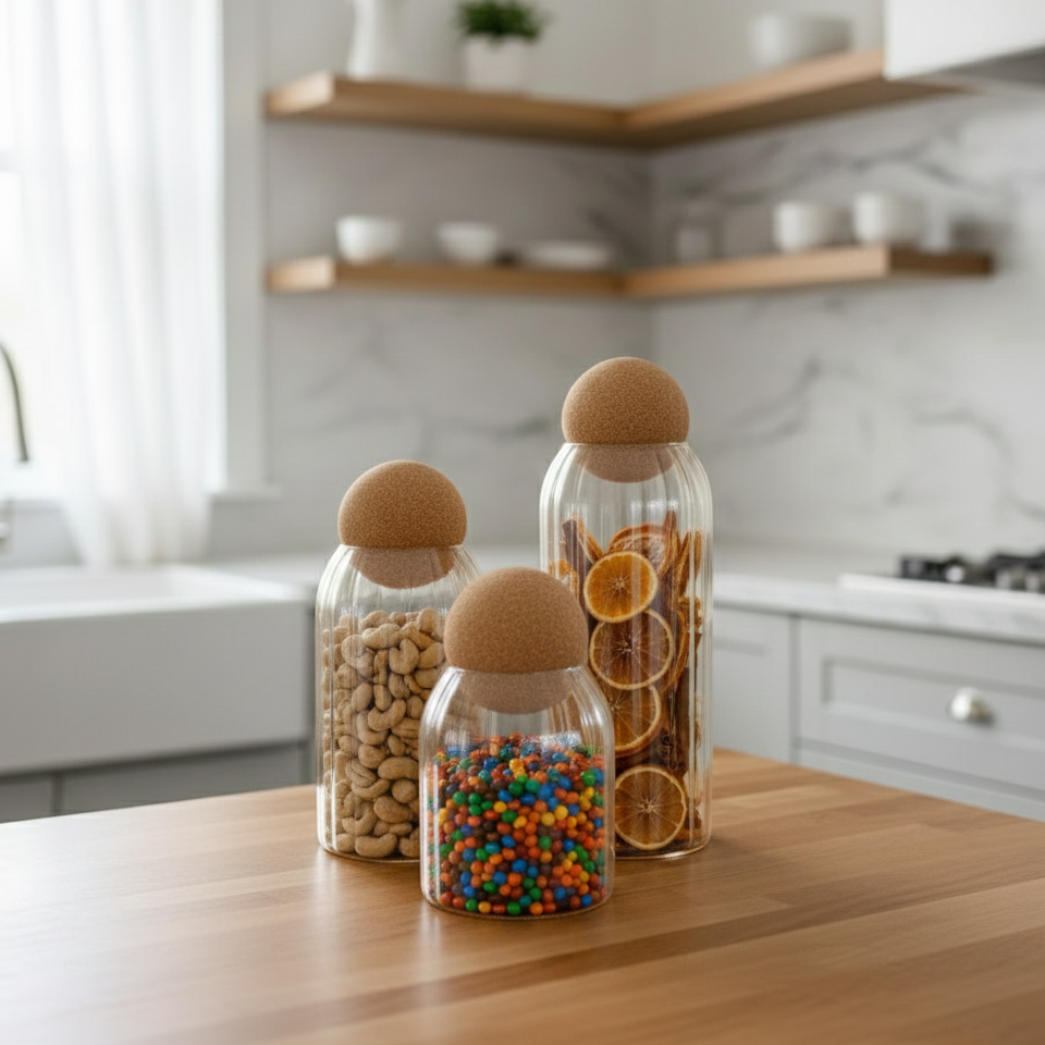 Ribbed Tinted Glass Storage Jars with Wooden Ball Lids