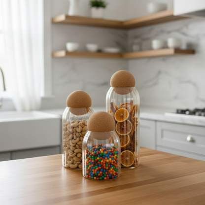 Ribbed Tinted Glass Storage Jars with Wooden Ball Lids