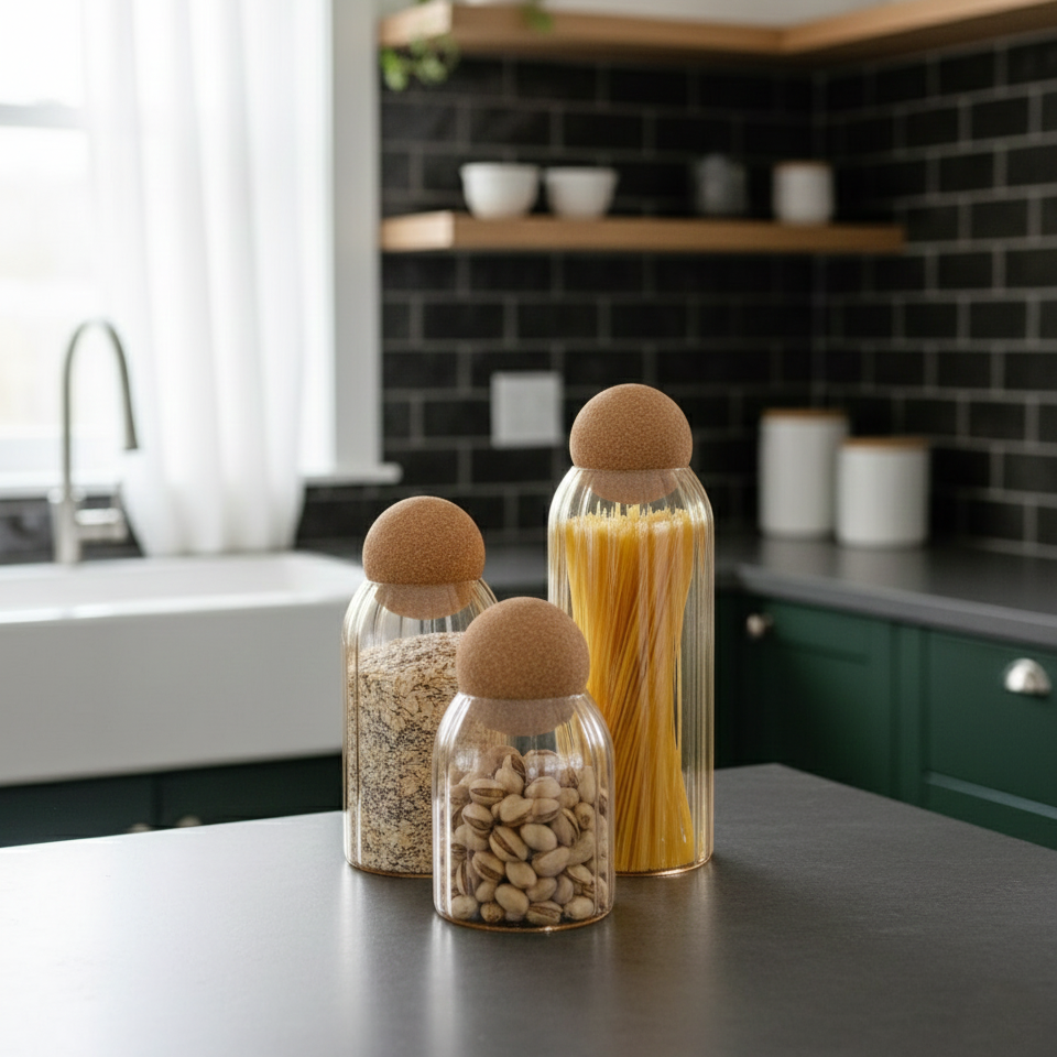 Ribbed Tinted Glass Storage Jars with Wooden Ball Lids