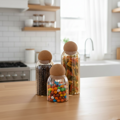 Ribbed Tinted Glass Storage Jars with Wooden Ball Lids