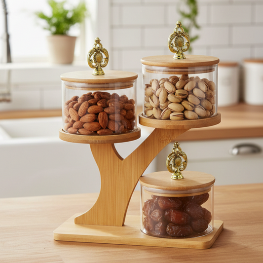 Tri Level Ribbed Glass Container Set with Stand