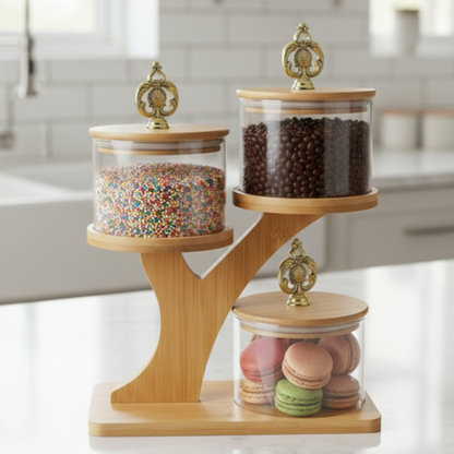 Tri Level Ribbed Glass Container Set with Stand
