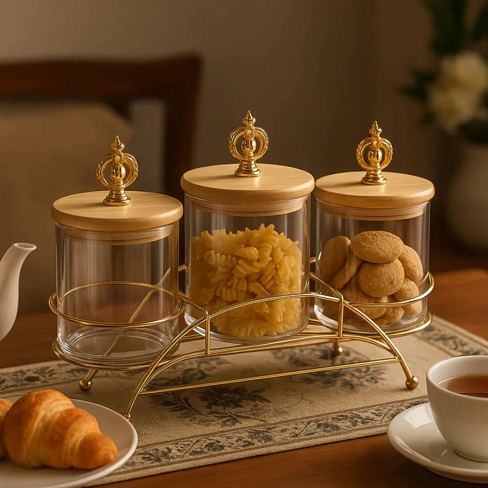 Majestic 3-Piece Glass Jar Set with Golden Metal Stand