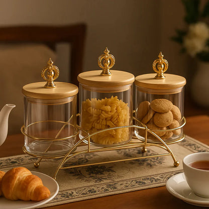 Majestic 3-Piece Glass Jar Set with Golden Metal Stand