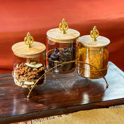 Majestic 3-Piece Glass Jar Set with Golden Metal Stand