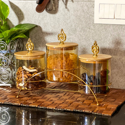 Majestic 3-Piece Glass Jar Set with Golden Metal Stand