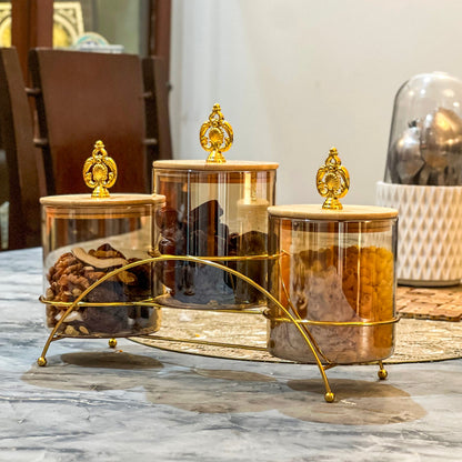 Majestic 3-Piece Glass Jar Set with Golden Metal Stand