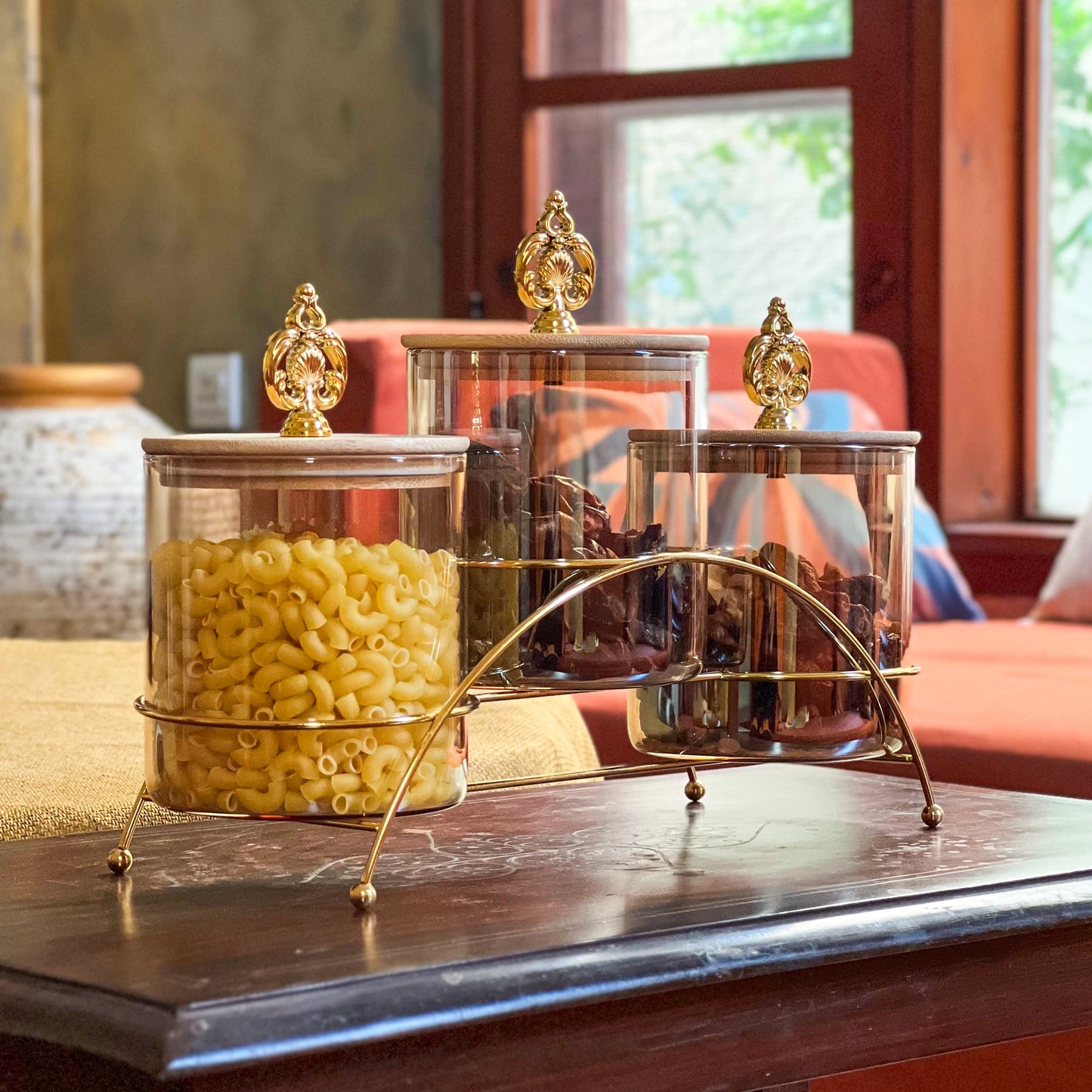 Majestic 3-Piece Glass Jar Set with Golden Metal Stand