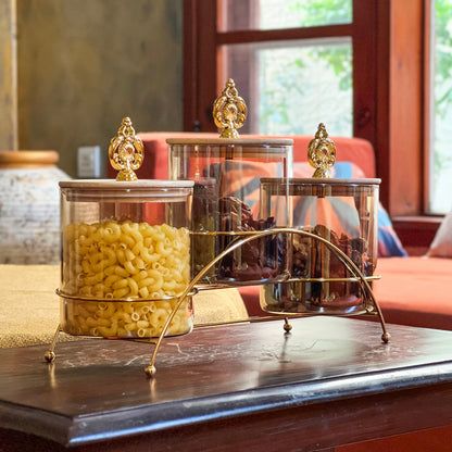 Majestic 3-Piece Glass Jar Set with Golden Metal Stand