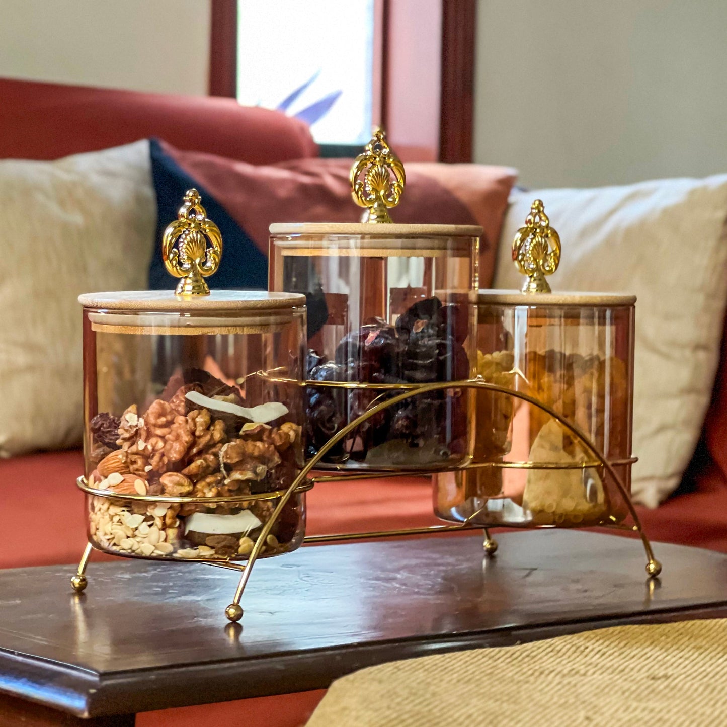 Majestic 3-Piece Glass Jar Set with Golden Metal Stand