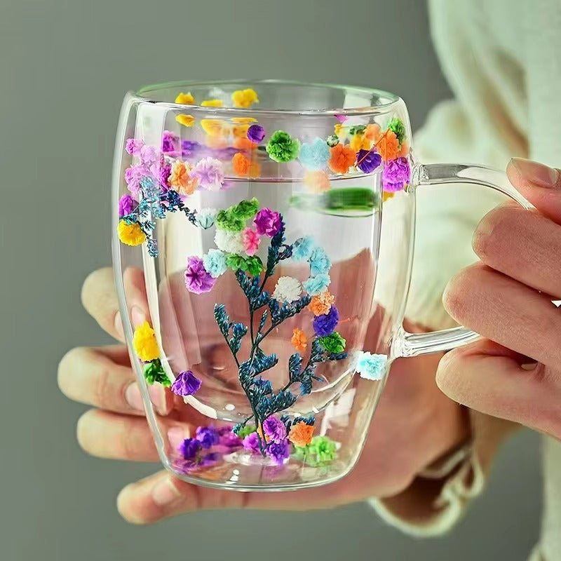 Double-Wall Heat Resistant Glass Cup with Dried Flower Art