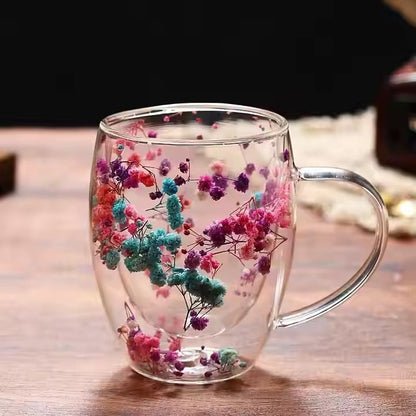 Double-Wall Heat Resistant Glass Cup with Dried Flower Art