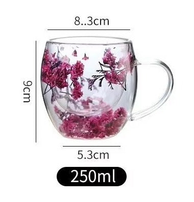 Double-Wall Heat Resistant Glass Cup with Dried Flower Art