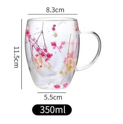 Double-Wall Heat Resistant Glass Cup with Dried Flower Art