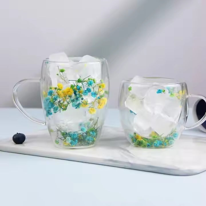 Double-Wall Heat Resistant Glass Cup with Dried Flower Art