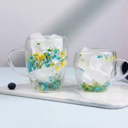 Double-Wall Heat Resistant Glass Cup with Dried Flower Art