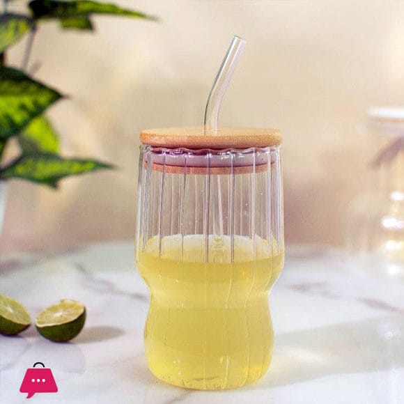 Amber Rib Glass Cup with Wooden Lid