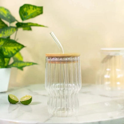 Amber Rib Glass Cup with Wooden Lid