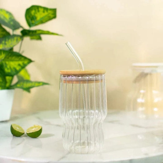 Amber Rib Glass Cup with Wooden Lid