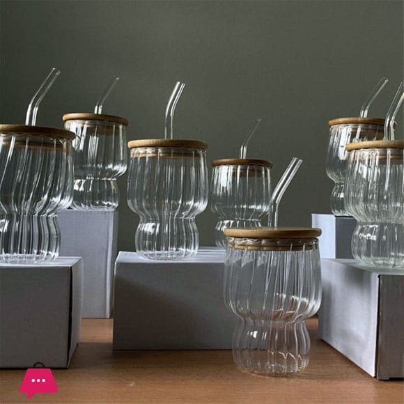Amber Rib Glass Cup with Wooden Lid