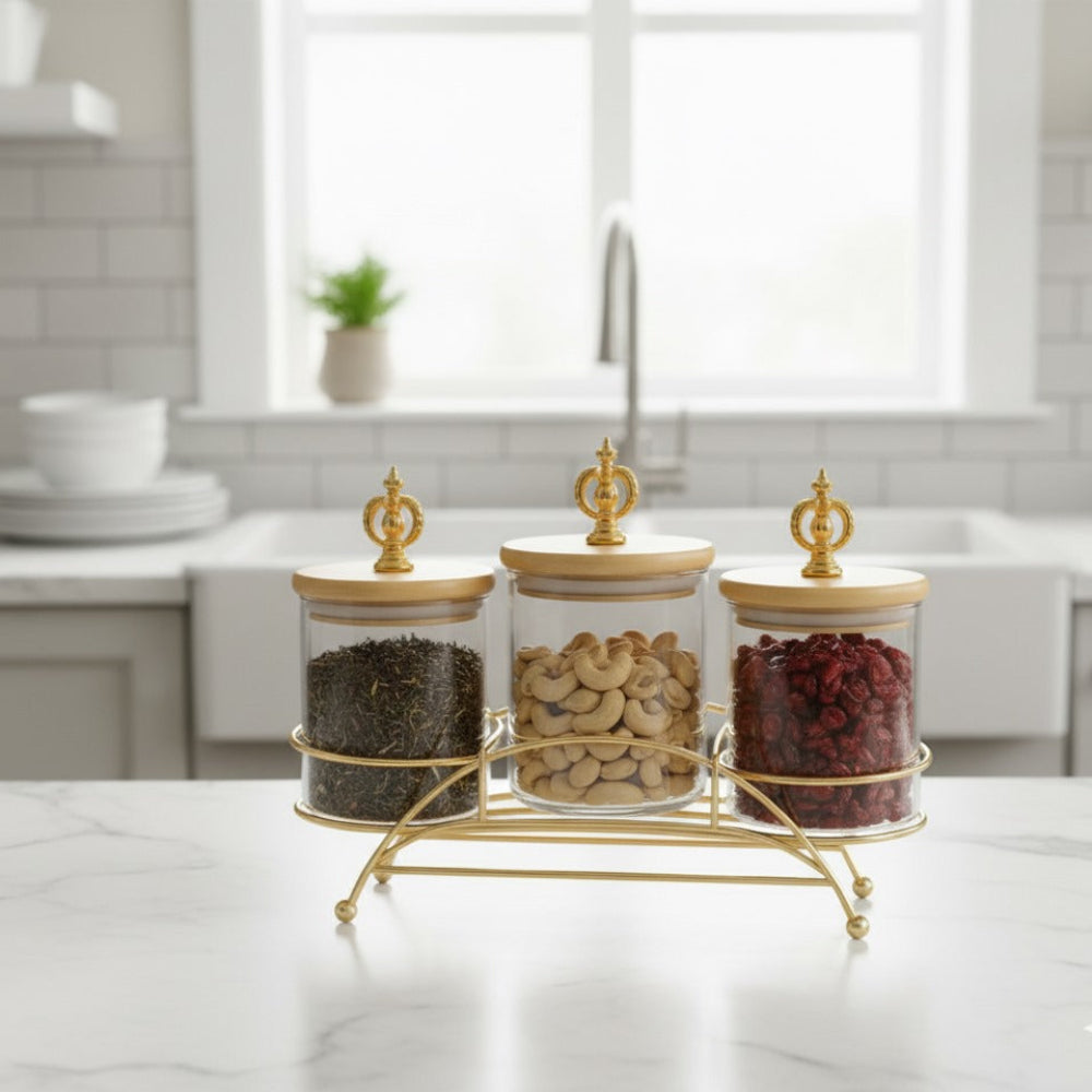 Majestic 3-Piece Glass Jar Set with Golden Metal Stand