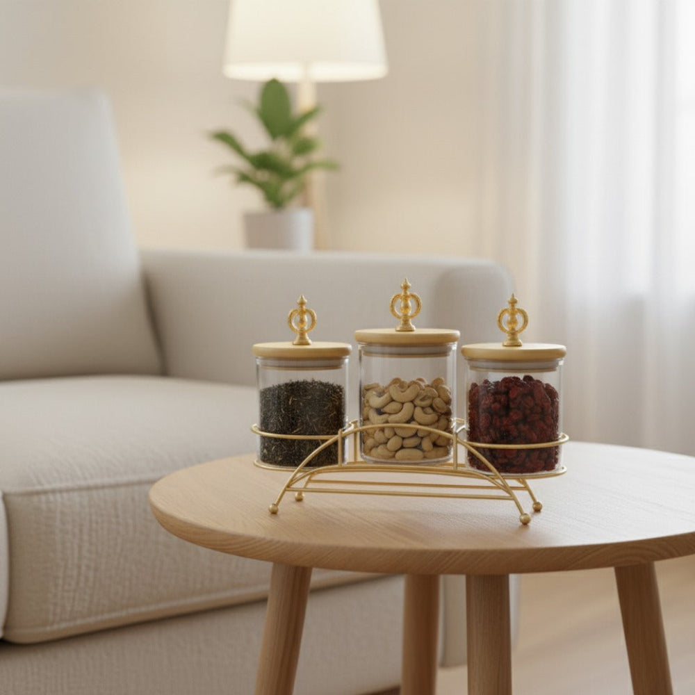 Majestic 3-Piece Glass Jar Set with Golden Metal Stand