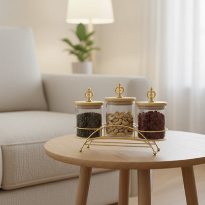 Majestic 3-Piece Glass Jar Set with Golden Metal Stand