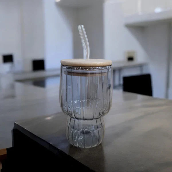 Amber Rib Glass Cup with Wooden Lid