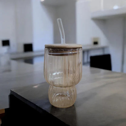 Amber Rib Glass Cup with Wooden Lid